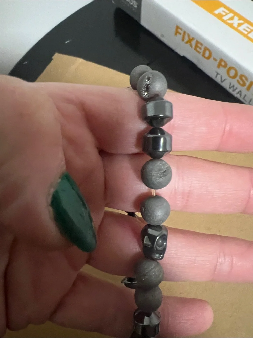 Gray Beaded Bracelet with Skull Accent